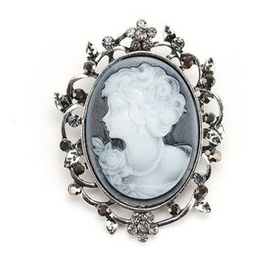 Vintage Style Victorian Lady Cameo Oval Blue Gray Brooch Silver Tone Floral